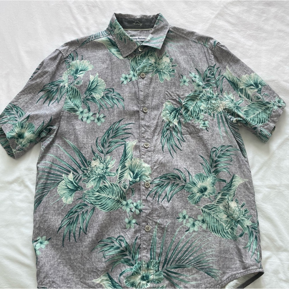 Tommy Bahama Gray and Green Casual Button Down Shirt